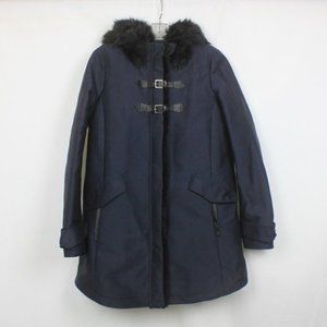 NWOT ZARA BASIC Navy Blue Winter Parka, Faux Fur‎ Hood. Size Small.